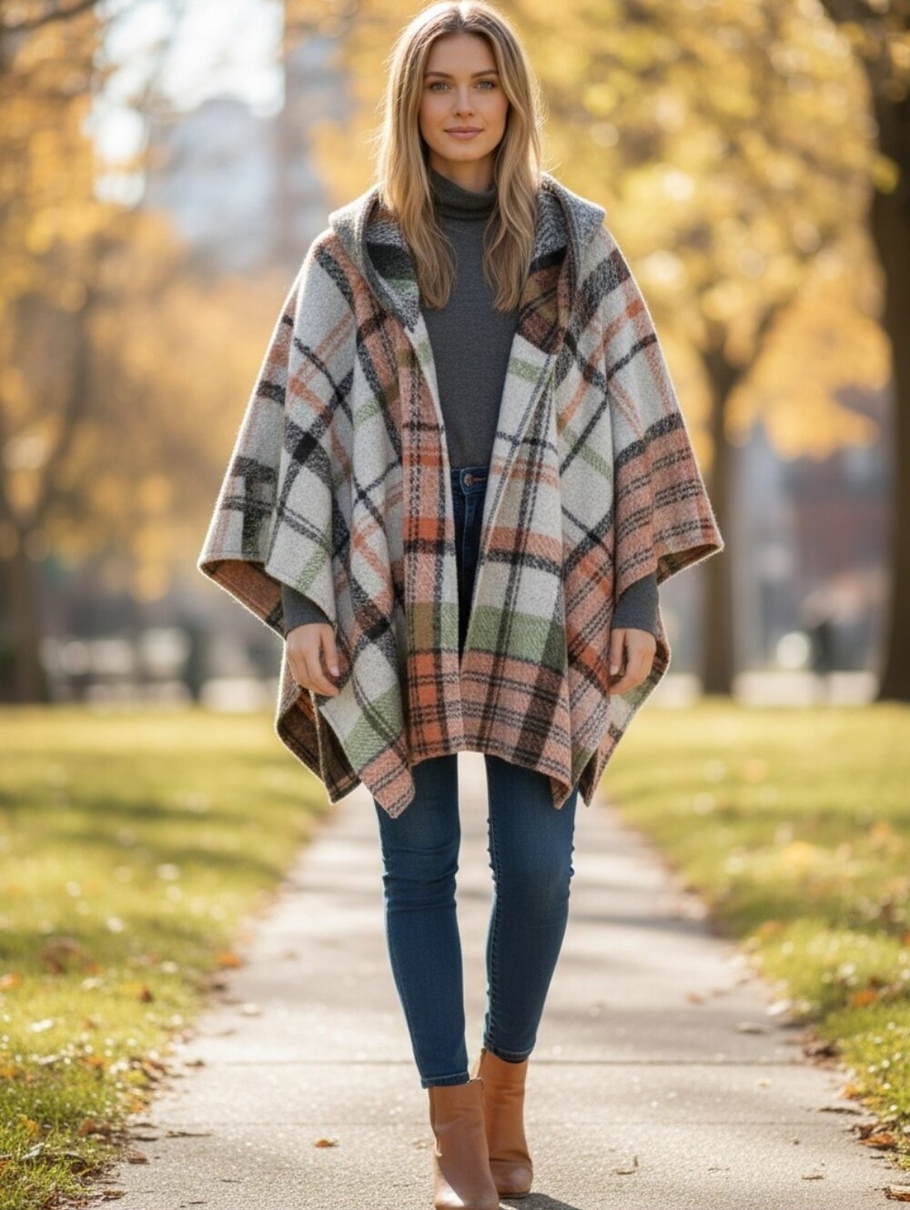 Jessica Simpson Hooded Plaid Shawl /Wrap / Cape Women’s One Size (Fits Most)